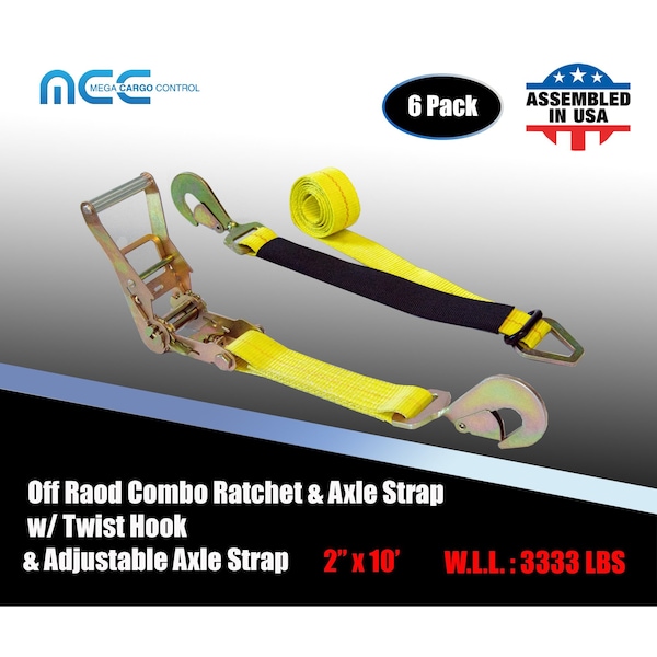 Axle Ratchet Tie Down Strap w/ Snap Hook Race Car Hauler Trailer Flatbed Yellow, 6PK